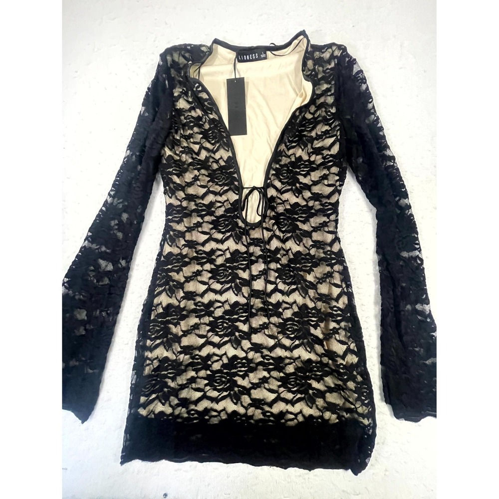 Lioness Dolce Mini‎ Dress Womens L Onyx Black Lace Stretch Long Sleeve Tie Front